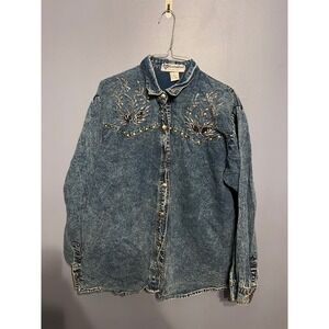 Women's Traditional Value Acid Wash Denim ButtonDown Embellished Rhinestone SZ M